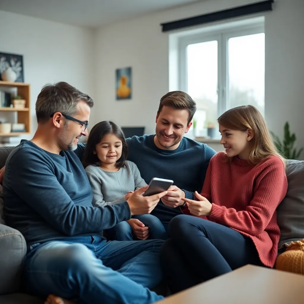Familie bekijkt energiemonitoring app op tablet in moderne woonkamer