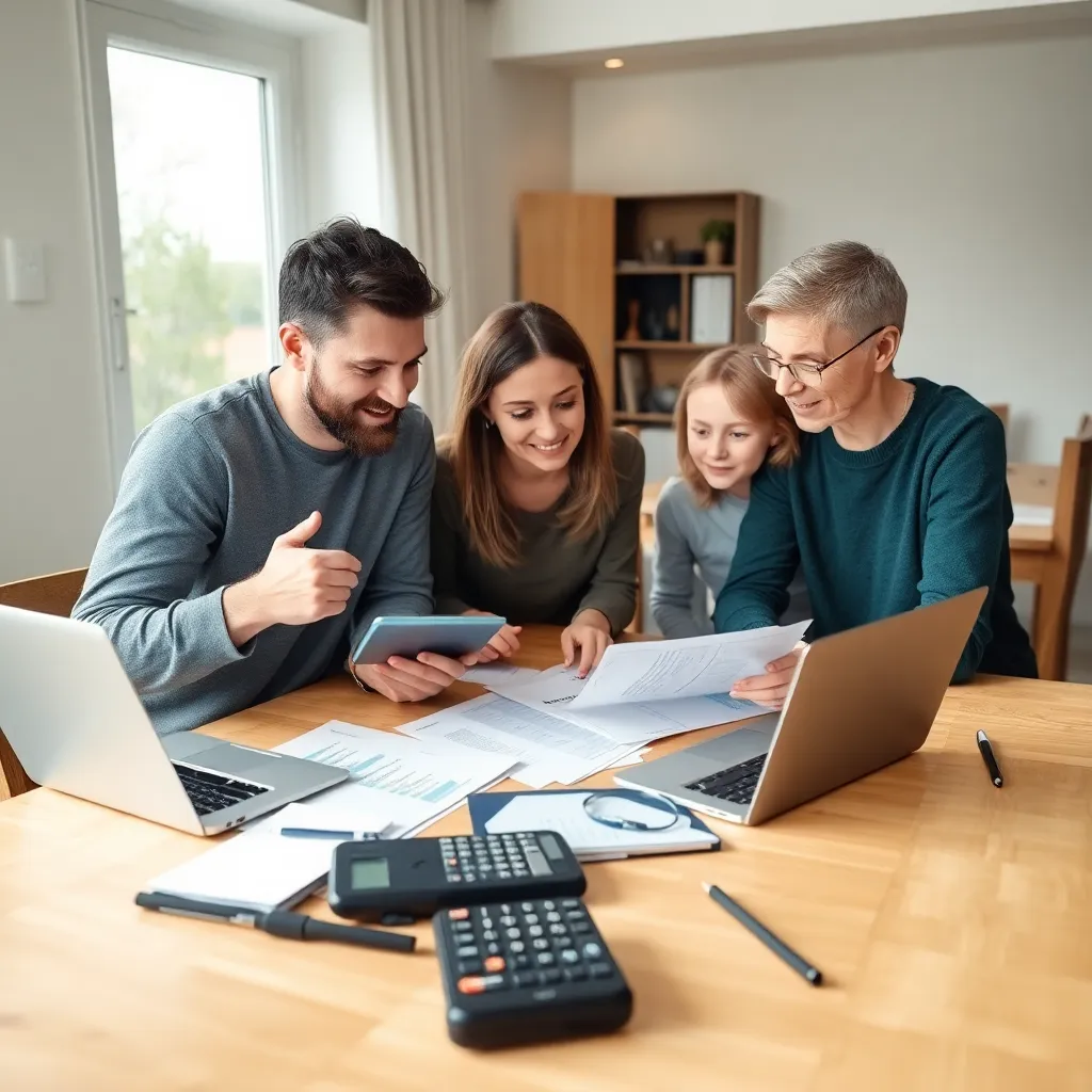 Nederlandse familie bespreekt hun huishoudbudget aan keukentafel met laptop en documenten