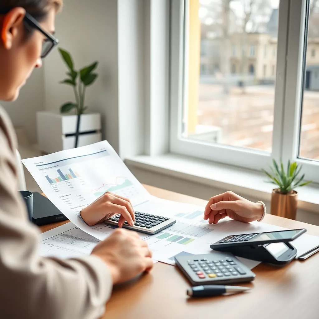 Persoon die financiële documenten analyseert met rekenmachine