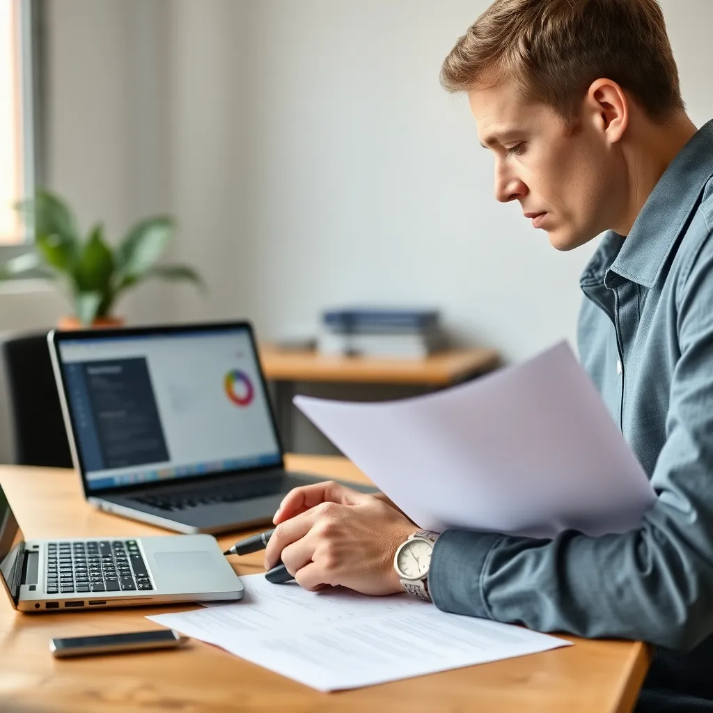 Persoon bekijkt belastingaangifte documenten op bureau