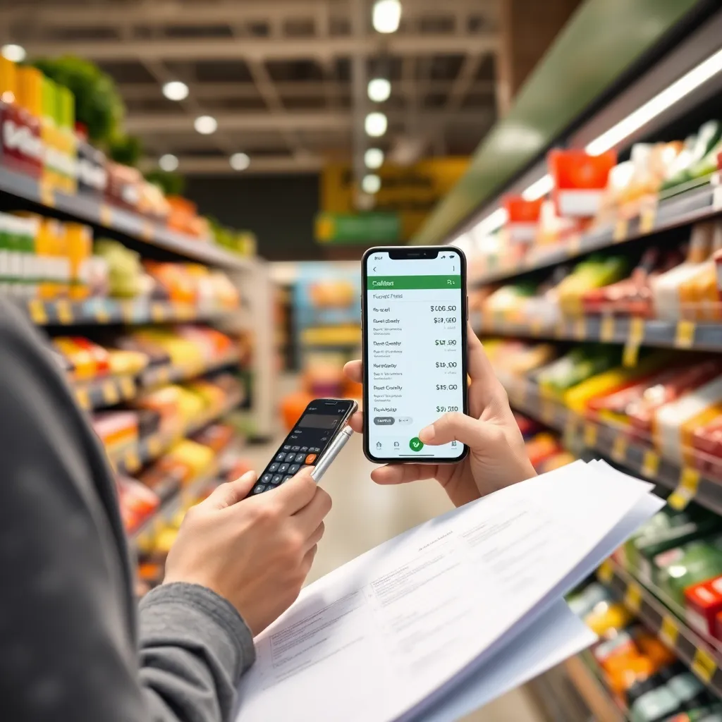 Persoon vergelijkt boodschappenprijzen in supermarkt